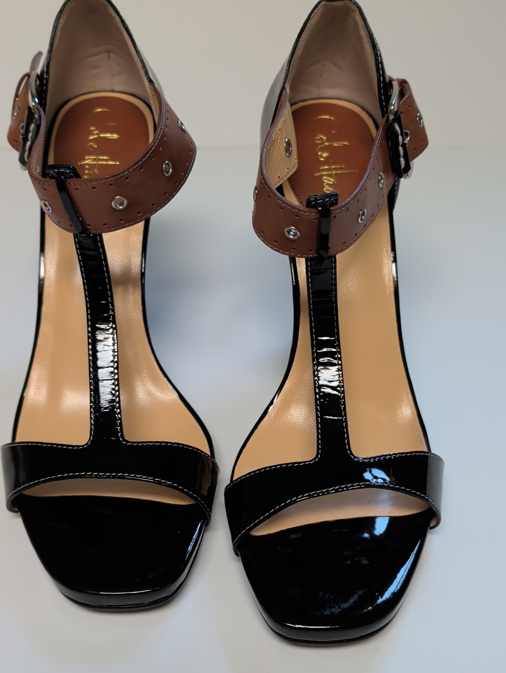 Cole Haan Black Patent and Brown Ankle‑Strap T‑Heel Sandals